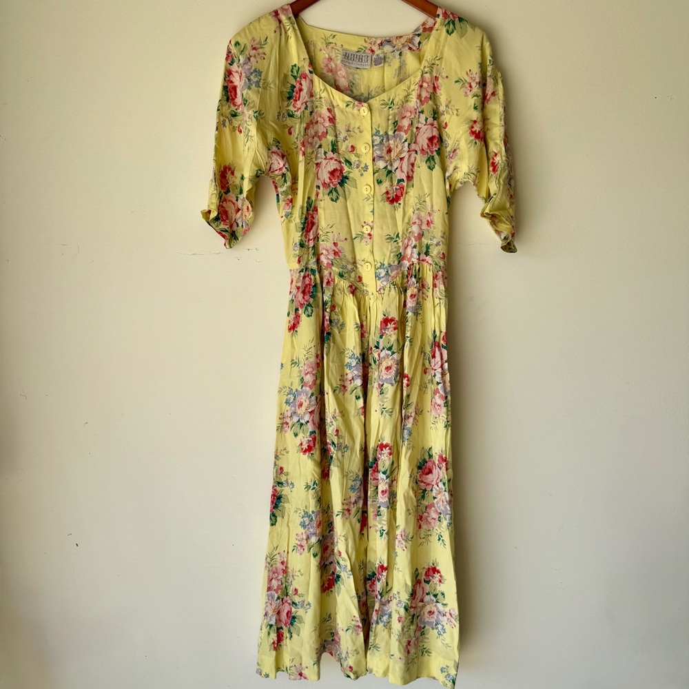 Vintage Passports Yellow Floral Dropwaist Dress cottage core, 90s